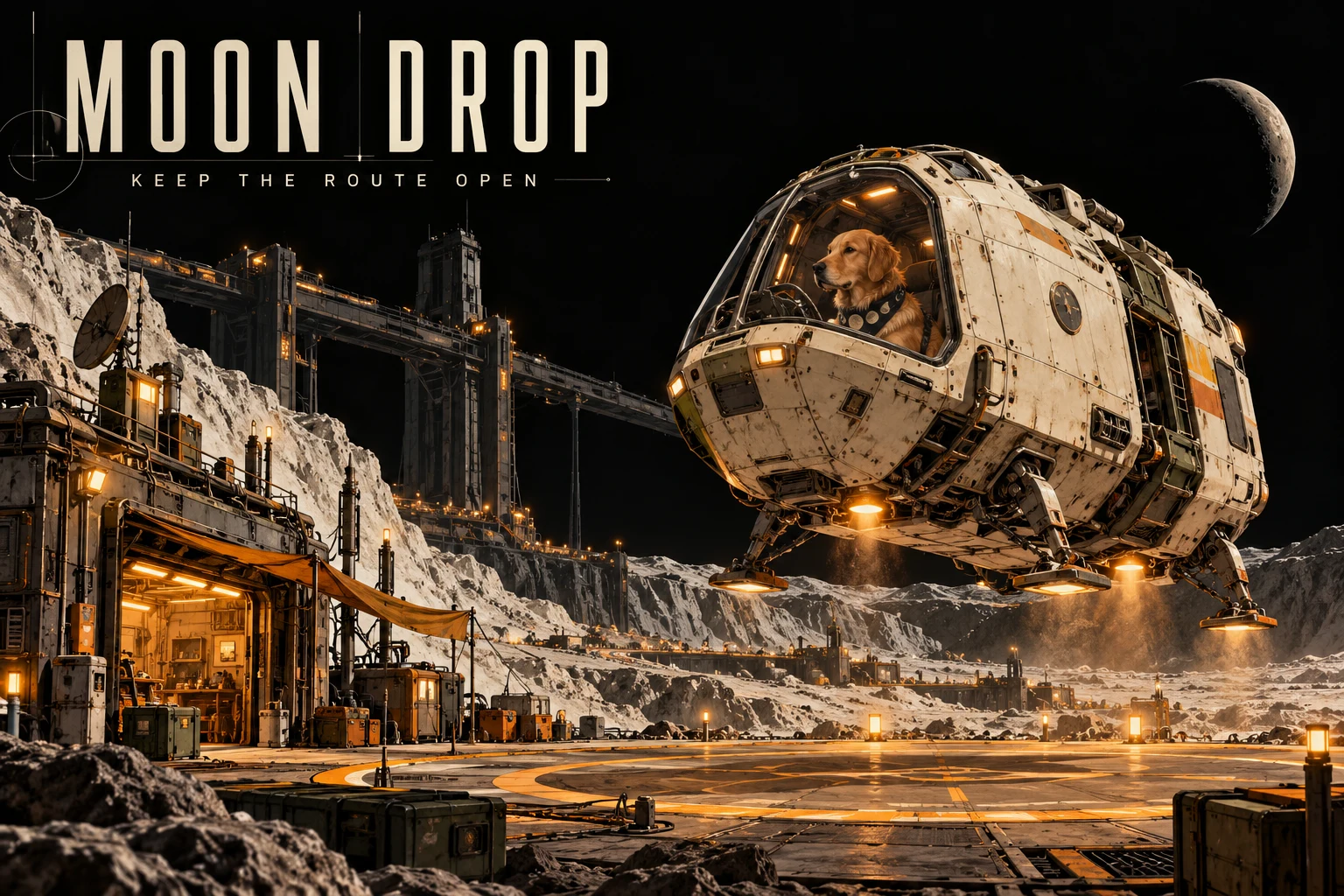 A natural golden retriever pilot in a planet bandana brings an ivory delivery capsule toward an amber lunar workshop pad beneath immense machinery.